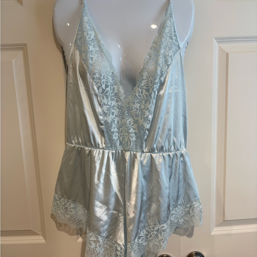 Mentionables Silky Lace-Trim Romper - Light Blue